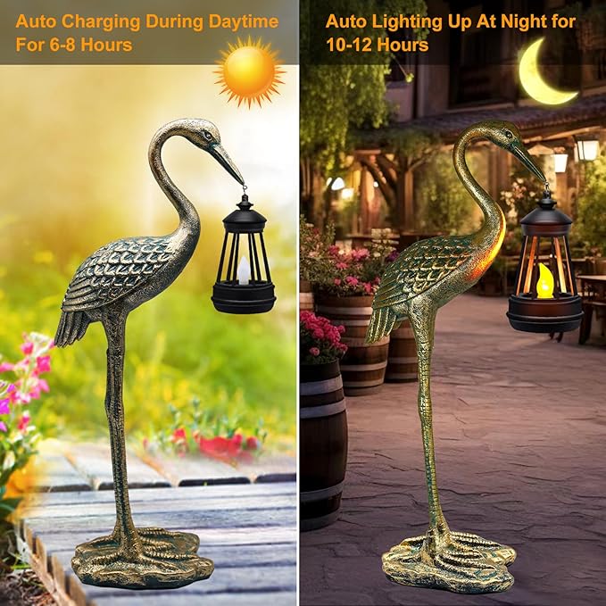 Solar Garden Statue Crane Figurine, Outdoor Hanging Solar Lanterns, Blue Heron Sculpture Statue for Patio, Yard, Lawn, Porch, Garden Decor for Outside Gifts for Christmas Mom, Women, Mother's Day