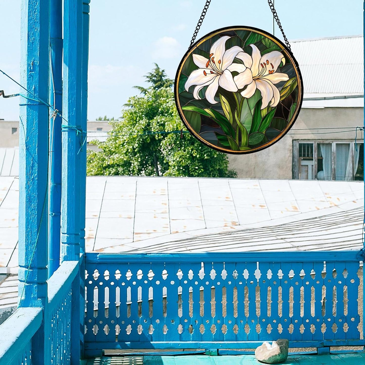 Stained Glass Window Hanging, White Lily Suncatcher for Door Garden Patio Birth Flower Green Plant Sun Catchers Decor Christmas Mother's Day Birthday Gifts for Women Mom Nana Friend 7.8 in