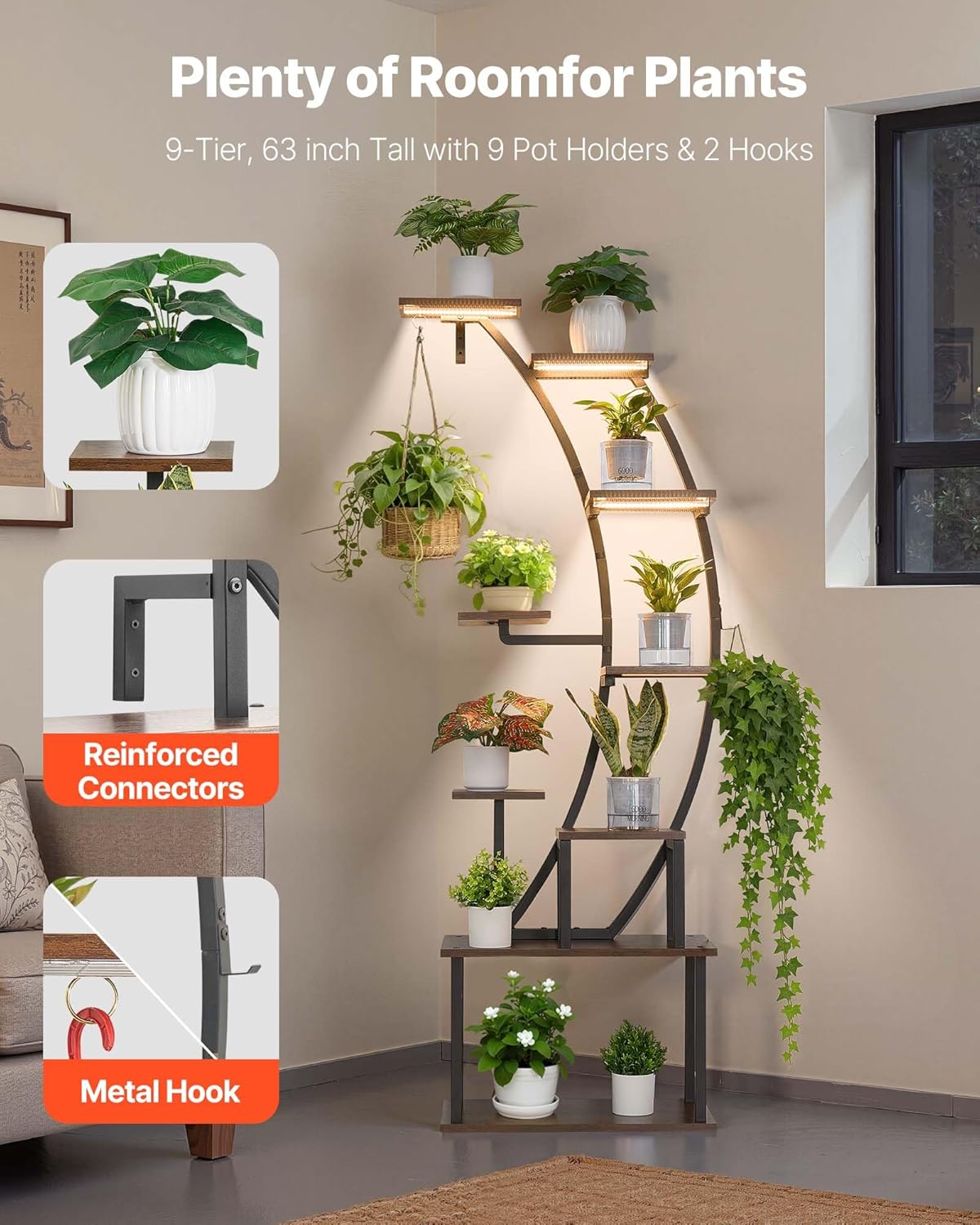 VEVOR Plant Stand Indoor with Grow Lights, 63 in Tall 9-Tier Lighted Plant Shelf, Metal Corner Plants Holder, 3 Timer & 10 Brightness, Curve-Shaped Flower Display Rack for Living Room Balcony Decor