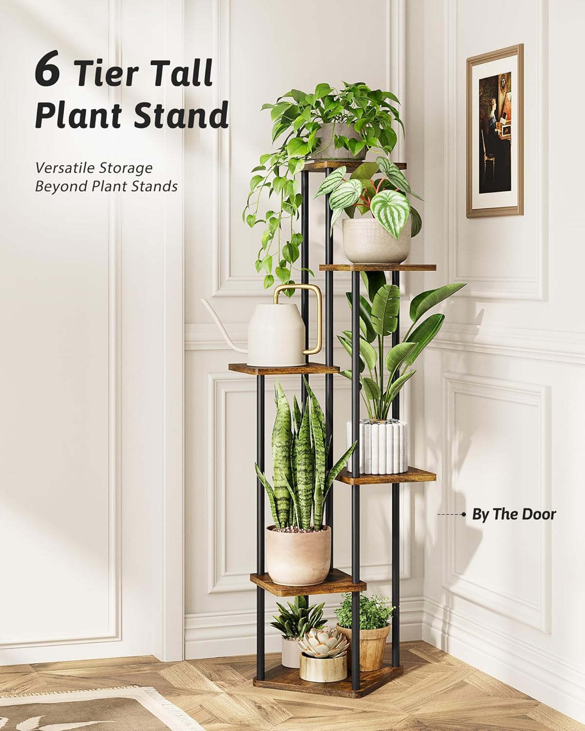 Tall Plant Stand Indoor 6 Tiered Plant Shelf for Multiple Plants Coner Shelf Stand Wood Plant Stand Metal Shelving for Living Room Bedroom Balcony Patio Brown Oak
