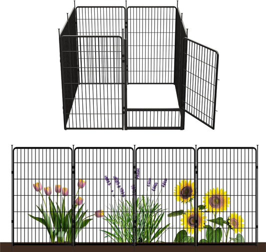 Decorative Garden Fence with Gate 45 in(H) x 17.8 ft(L) 8 Panels, Heavy Duty Metal Animal Barrier Fence for Yard, Flower Bed Fencing, Garden Border Fence, Easy Set Up, Black