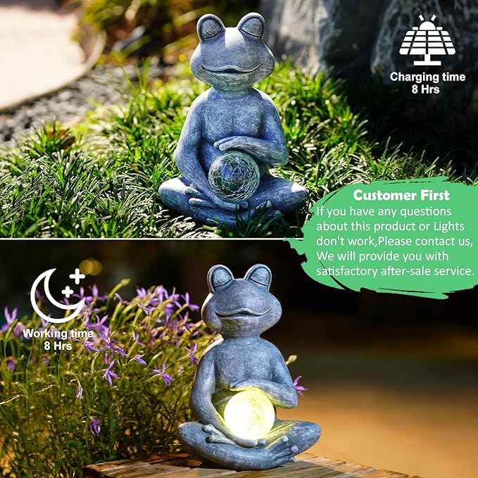 Meditating Yoga Frog Statue with Solar LED Light Ball - 10L x 11.1H Zen Garden Frog Figurines for Home and Garden Decor, Frog Decorations Gift Ideas, Frog Gifts for Women Mom