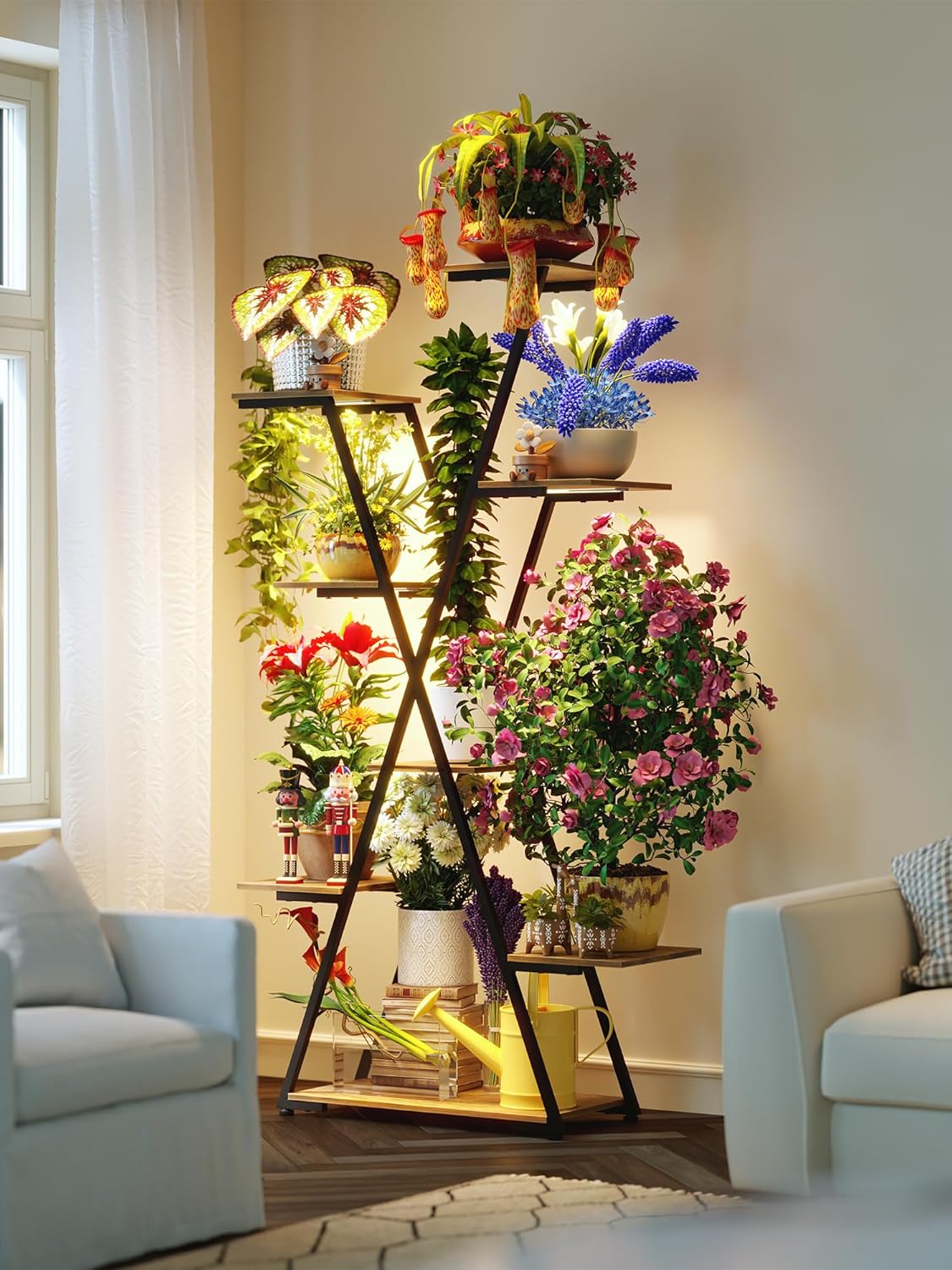 Lighted Plant Stand with Grow Lights – Tall Large Tiered Metal Corner Shelf Rack for Multiple Indoor Living Room Flower