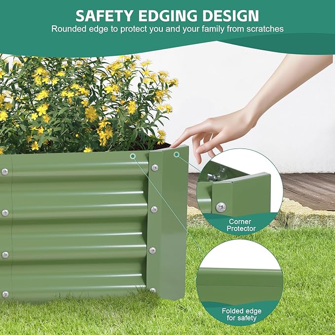 Galvanized Raised Garden Bed - 4x2x1ft Metal Garden Planter Box Outdoor | Steel Raised Bed Kit with Bracing Rods, Gloves for Gardening Vegetables Fruits and Flowers (Oliver Green)
