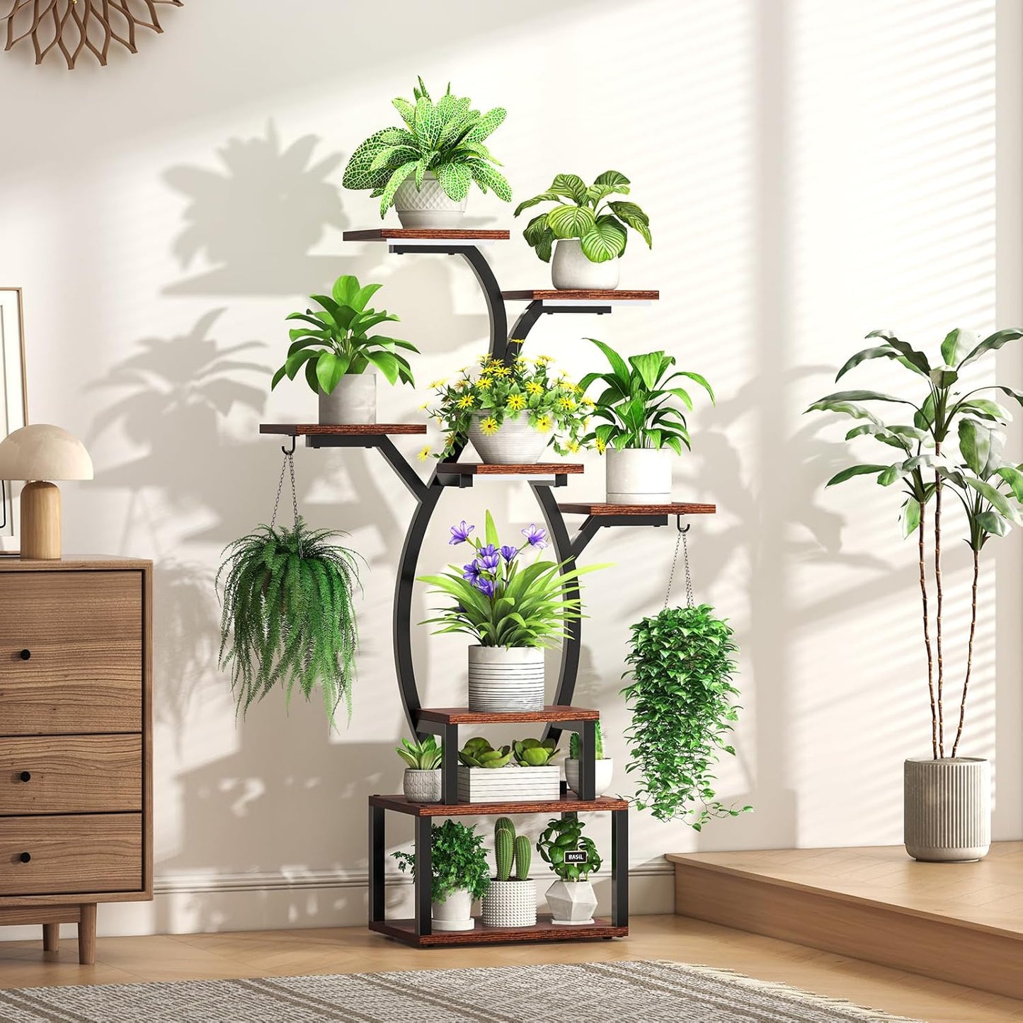 Uneedem 8 Tiered Plant Stand Indoor with Grow Lights, Plant Shelf with Grow Light, Wood Flower Stand for Multiple Plants, Metal flower Holder for Corner, Patio, Garden and Balcony, 32" × 12.3" × 48"