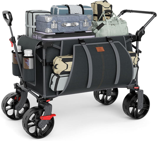 EVER ADVANCED Folding Push Wagon with Brakes, Portable Shopping Cart, Collapsible Wagon Cart with All-Terrain Big Wheels for Camping, Beach, Sports