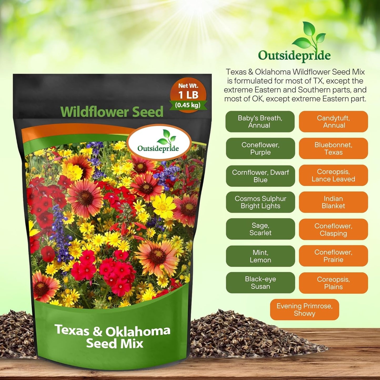 Outsidepride Texas & Oklahoma Wildflower Seed Mix - 1 lb. Drought-Tolerant, Blend of Annual & Perennial Flower Seeds for Vibrant, Pollinator-Friendly Gardens, Thrives in Full Sun & Well-Drained Soil
