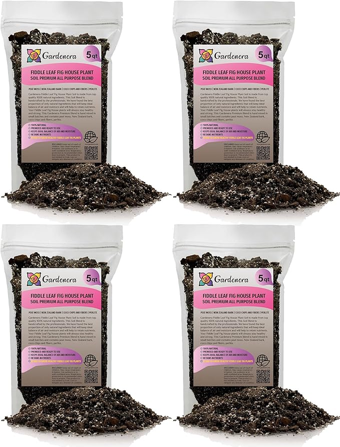 Fiddle Leaf Fig Soil Mix - 20 Quart - Premium Blend of Peat Moss, New Zealand Bark, Coco Chips, and Perlite for All Purpose Planting - 4 Bags of 5 Quart