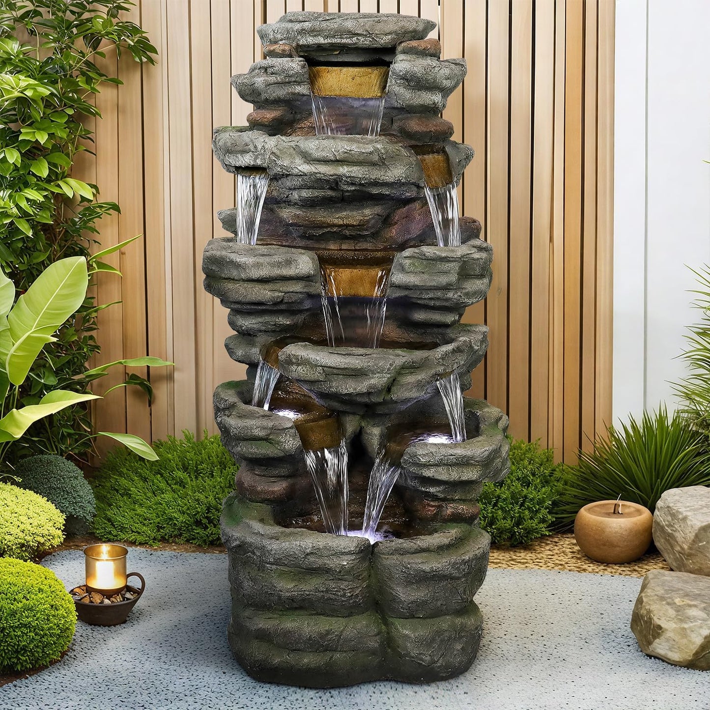 SunJet 47.2" High Cascading Rock Outdoor Water Fountain with LED Lights - Large Outdoor Resin Fountains and Waterfalls for Garden or Patio, Yard, and Deck Decor, Featuring Natural Stone Look