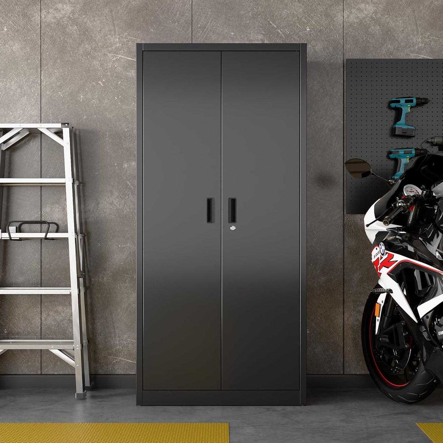 Metal Storage Cabinet with 2 Doors and 5 Adjustable Shelves, 71" H×32" W×16" D Garage Storage Cabinet with Pegboard for Garage,Office,Home,Gym,School, Lockable File Cabinet, Black