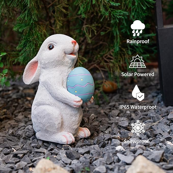 Solar Easter Rabbit Garden Statues Outdoor Bunny Decor Resin Bunny Statue with Egg Changing LED Lights Outdoor Easter Decorations for Porch Patio Lawn Yard Easter Gifts for Mom Grandma