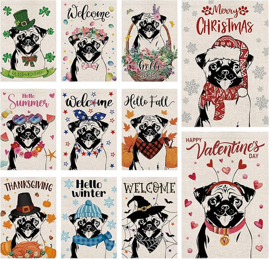 Seasonal Garden Flags Pug Dog Double Sided Flags Set of 11 Holiday Farmhouse Indoor Outdoor Yard Lawn Christmas Gifts Decorations 12.5x18 Inch