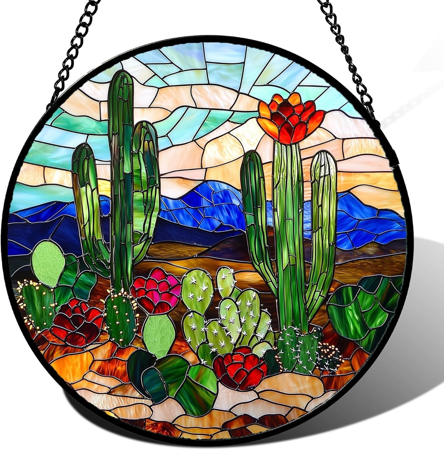 Stained Glass Window Hanging, Green Cactus Suncatcher for Doors Window Home Plant Landscape Sun Catchers Decoration Mother's Day Birthday Gifts for Women, Men, and Mom 15 in