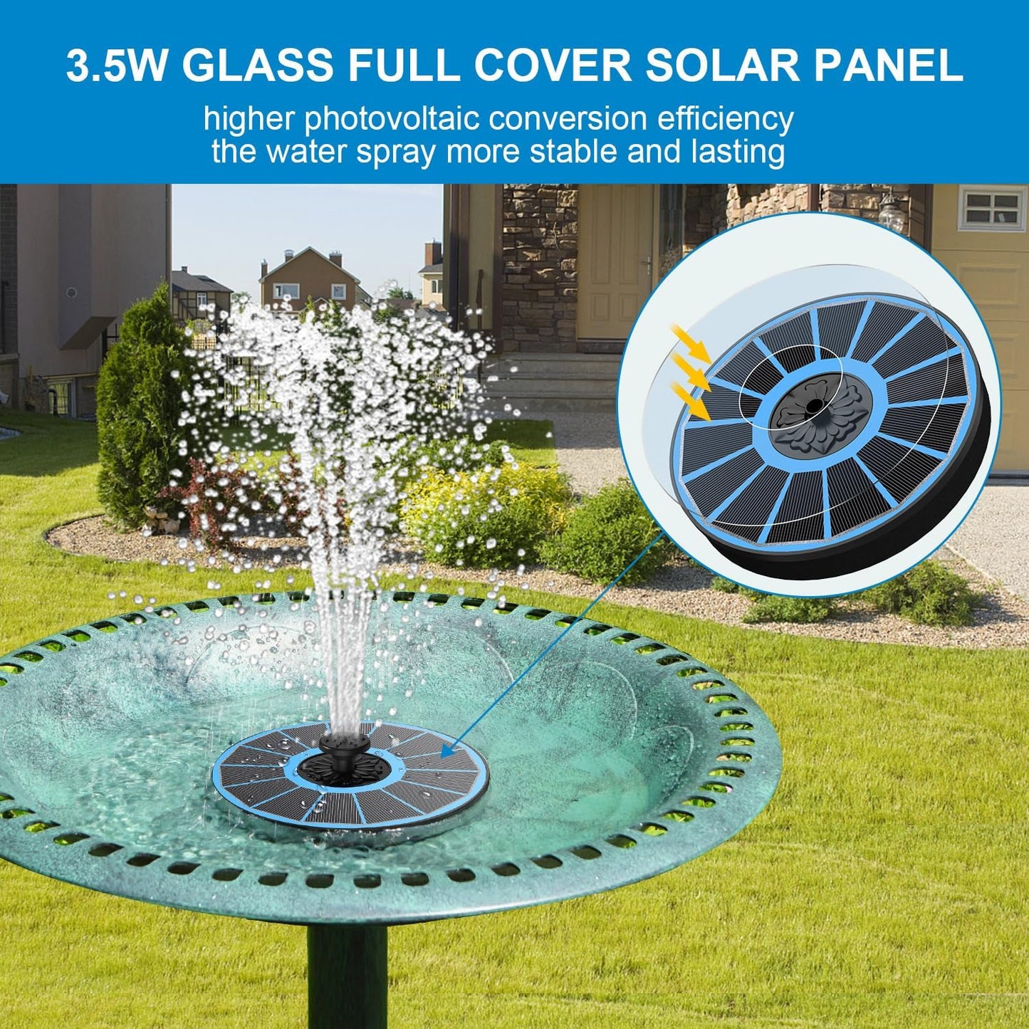 SZMP Solar Fountain for Bird Bath, Working On Cloudy Day Solar Water Fountain with 3.5W Glass Solar Panel 2000mAh Battery 4 Fixer 7 Nozzles Solar Fountain Pump(Blue Solar Panel)