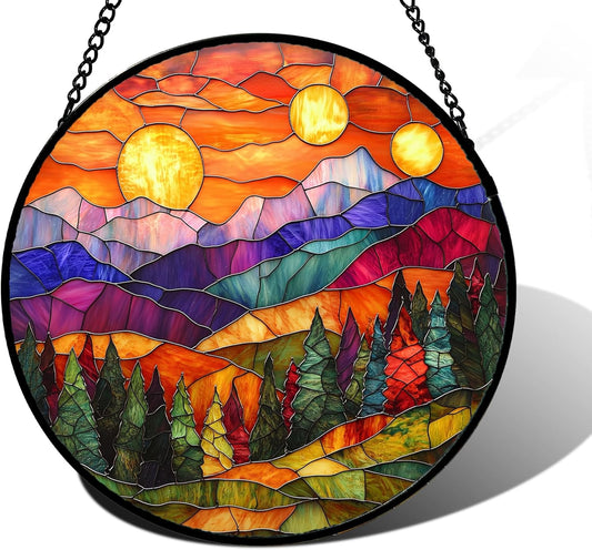 Stained Glass Window Hanging, Sunset Abstract Sun Catchers Colorful Glass Panel Landscape Suncatcher Decor for Birthday for Women, Men, Wife, Aunt, and Mom 7.8 in