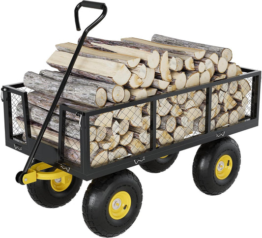 500 Lbs Garden Wagon, 2-in-1 Heavy-Duty Steel Garden Cart, with 10 Inch All-Terrain Tires and Removable Mesh Side Panels, 180° Rotating Handle, Metal Utility Yard Trailer, Outdoor Gardens Wagon Cart