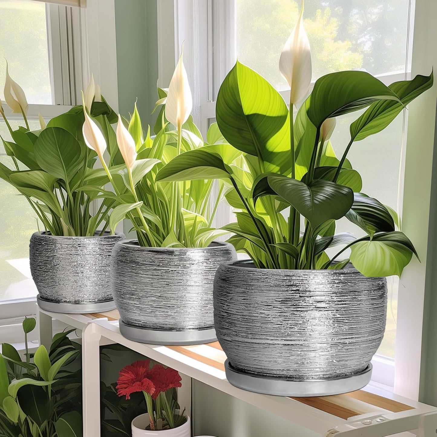 SQOWL Ceramic Plant Pots - 6 Inch Planter for Indoor Outdoor Plants, Modern Round Flower Pots with Drainage Hole and Saucer, Decorative Small Planter, Office Decor, Gifts for Women Men, Silver