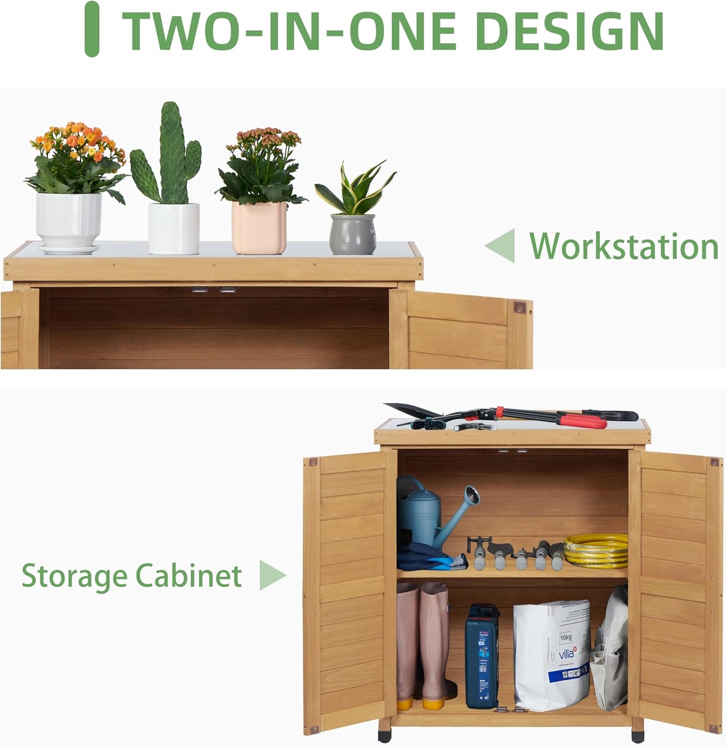 Potting Bench with Storage Cabinet and Metal Table Top for Outdoor Patio, Garden Furniture Wood Workstation