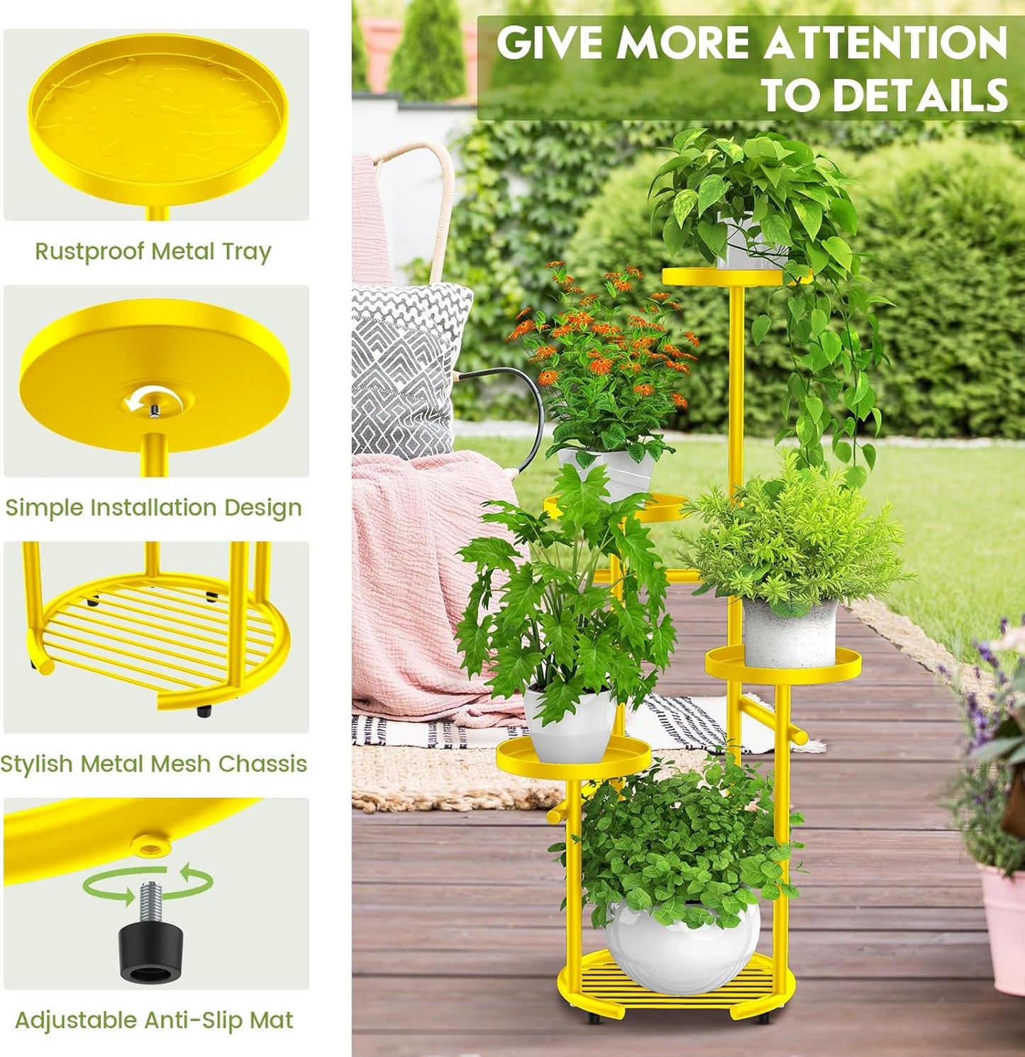TOSKING 5 Tier Metal Plant Stand Indoor， Plant Shelf, Corner Shelf Flower Pot Stand for Outdoor Plant Stand for Living Room Balcony Garden Patio Bedroom (yellow, 38in)