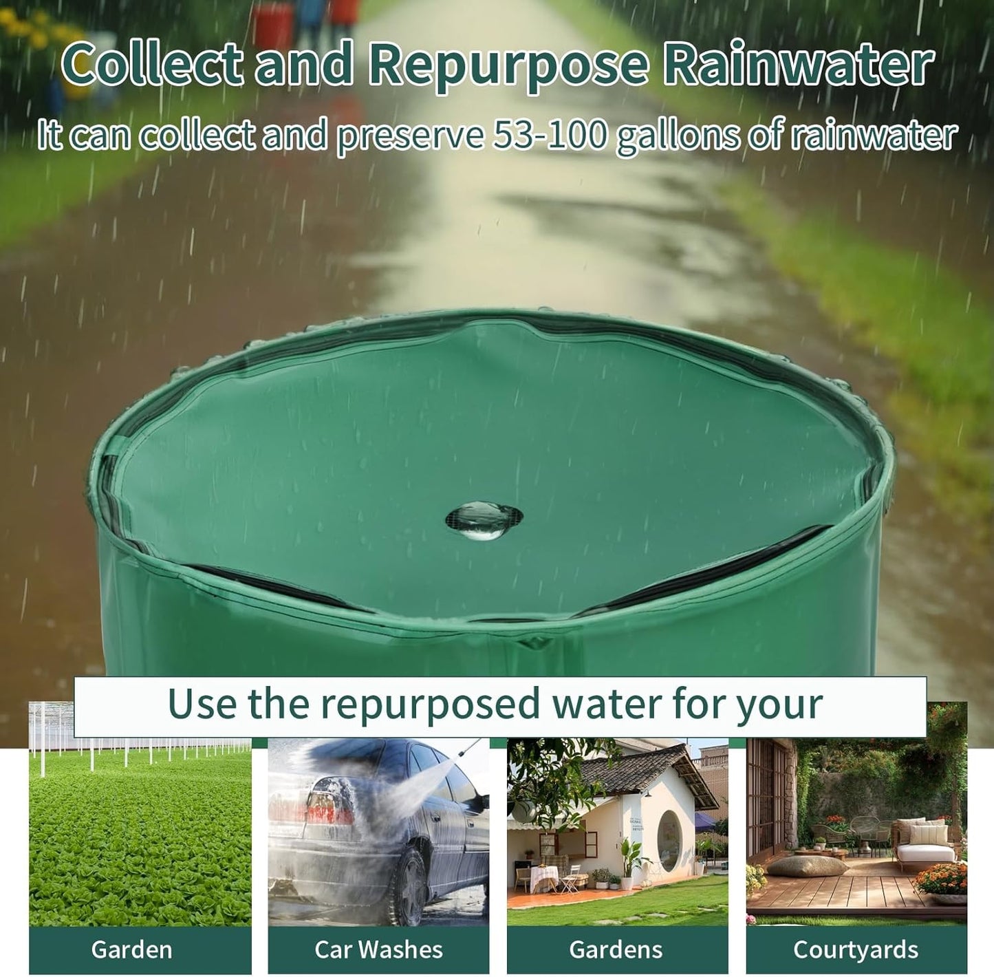 100 Gallon Rain Barrel Water Collection System, Collapsible Portable Water Storage Tank, Rainwater Collect System Downspout, Water Catcher Container with Filter Two Spigots and Overflow Kit