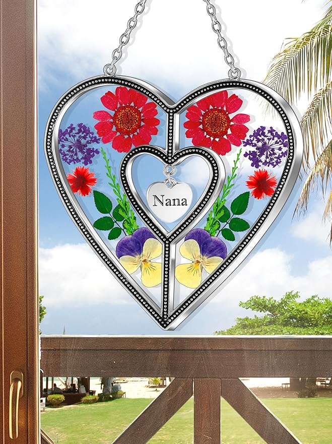 KY&BOSAM Heart Suncatcher Nana Stained Glass Panles Hangings for Windows Ornament Sun Catchers with Pressed Real Flower Heart Embedded in Glass Birthday Gifts for Nana Mother`s Day Home Garden Decor