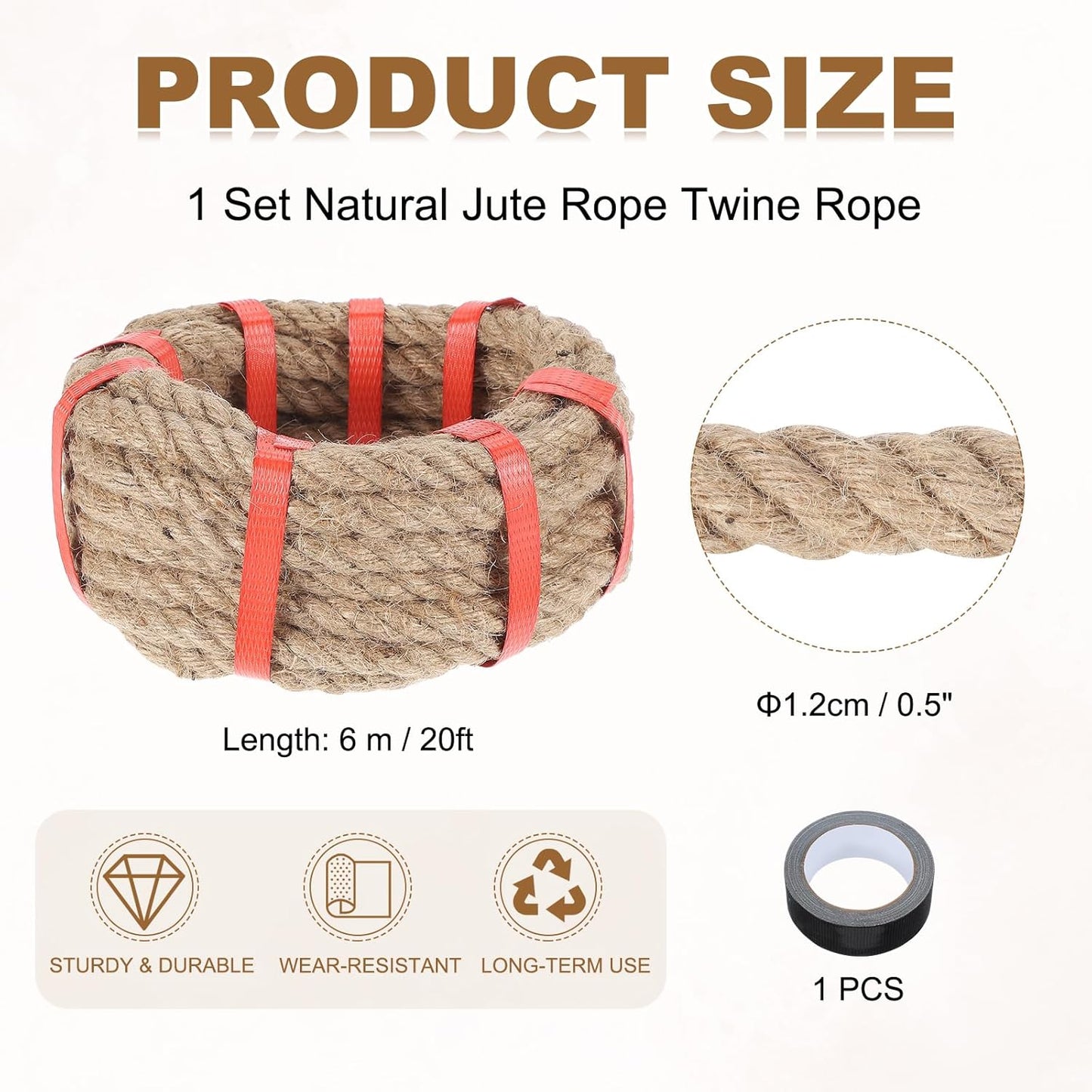 MECCANIXITY Jute Rope 0.5 Inch x 20ft, Thick Twine Rope Ropes Braided Jute Twine Natural Brown Burlap Cord String Heavy Twisted with Tape for Decorative Crafts Railing Swing Tug of War
