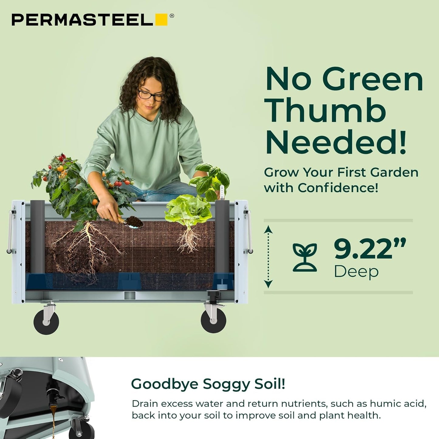 Permasteel Self-Watering Garden Bed, Rolling Planter for Vegetables, Flowers, Herbs, and Fruit, Outdoor Indoor, Caster Wheels, Blue