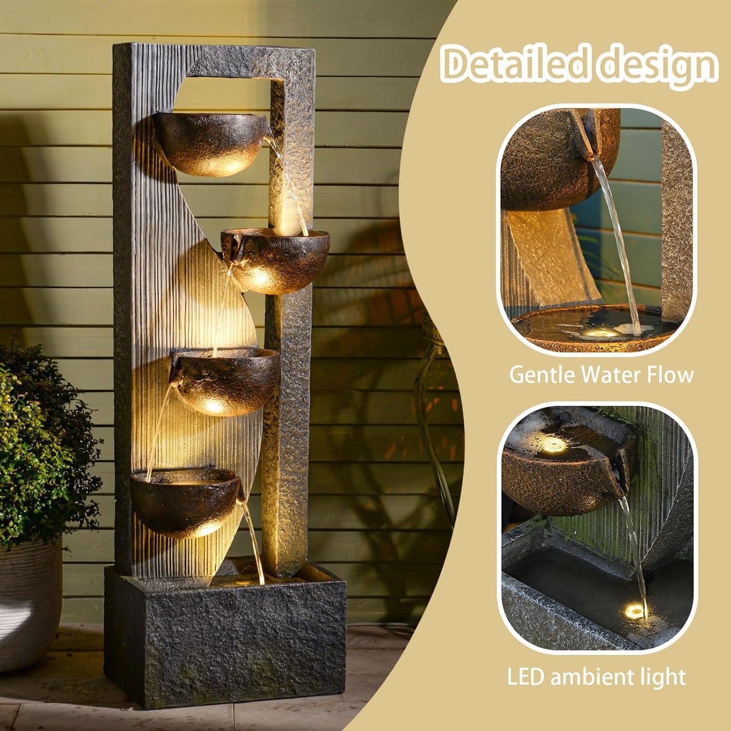 Outdoor Waterfall Fountain 5 Tier Tall Design 49.2 Inch Water Fountain with LED Lights and Pump Decorative Water Feature for Garden Patio Backyard