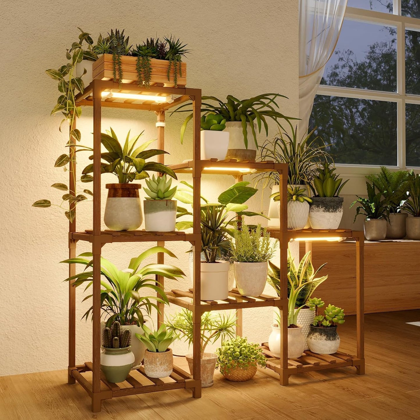 Bamworld Plant Stand with Grow Light Plant Shelf for Mutiple Pots 3 Tiers Ladder Plant Holder for Living Room Patio Boho Home Decor for Gardening Warm Light