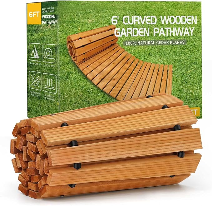 RELIANCER 6' Wooden Garden Pathway,Outdoor Roll Out Cedar Curved Walkway,Patio Path Decorative Garden Boardwalk Walkways,Weather-Resistant Roll Up Beach Wood Road Floor,Wedding Party Pathways