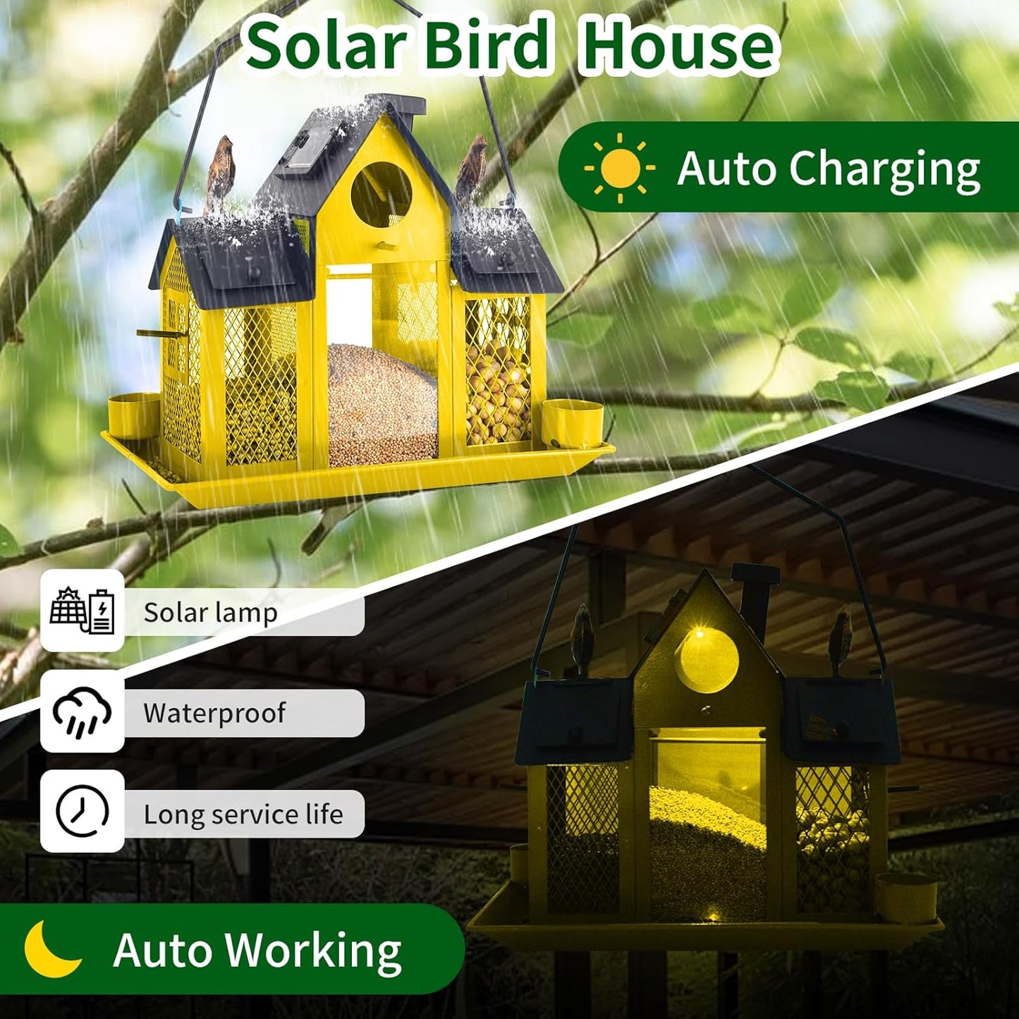 Solar Bird Feeders House for Outside Hanging, Metal Wild Bird Feeder for Outdoors, Large Cardinal Bird Feeder Birdhouses Squirrel Proof (Yellow)