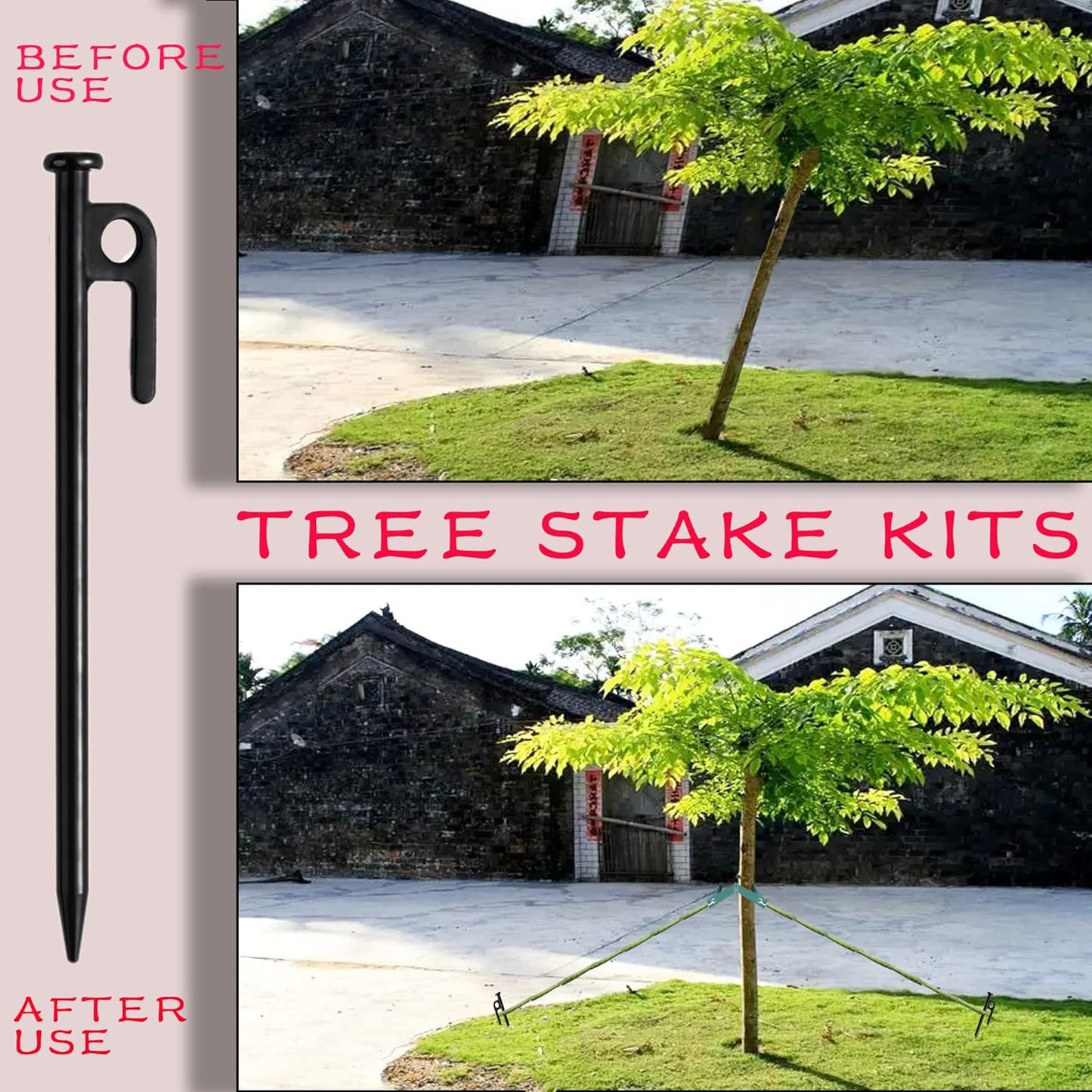 Tree Stakes Kits, Tree Stakes and Supports Kits for Hurricane Protection & Bad Weather, Include 6 PCS 11.8" Heavy Duty Steel Tree Stake, 6 PCS 15.8" Tree Straps and 100 FT Rope