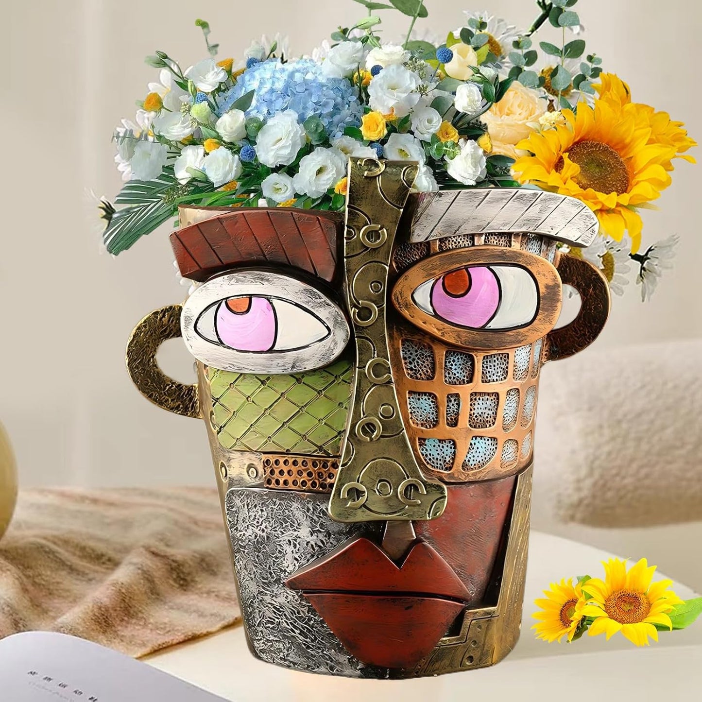 Brutalist Abstract Face Planters Pots Head, Unique Abstract Flower Pot, Funny Planters Decoration Flower Resin Face Flower Pot for Indoor and Outdoor Plants Colorful Funny Room Decor (Retro)