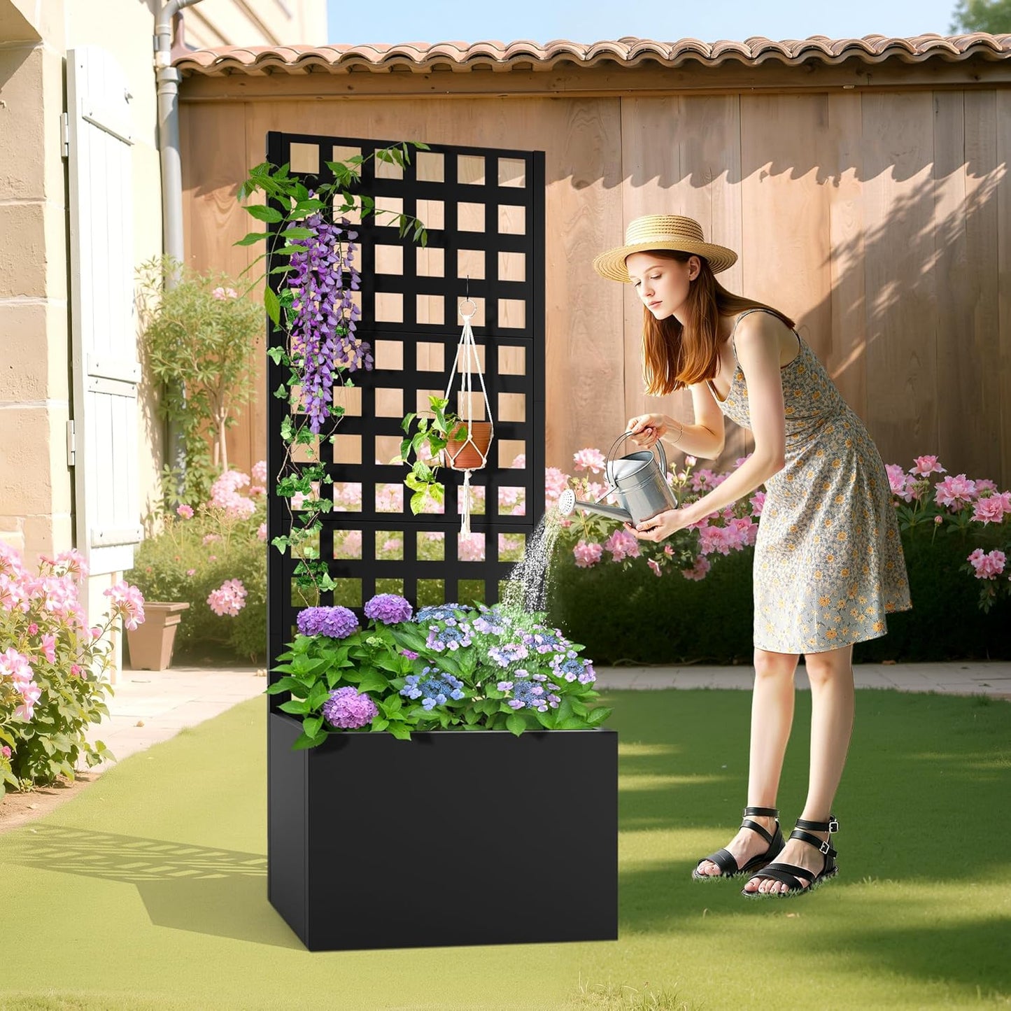 Metal Planter Box with Trellis, Heavy-Duty Raised Garden Bed for Climbing Plants, Drainage Hole, Outdoor Planter Box with Privacy Screen，24''L×12''W×63''H