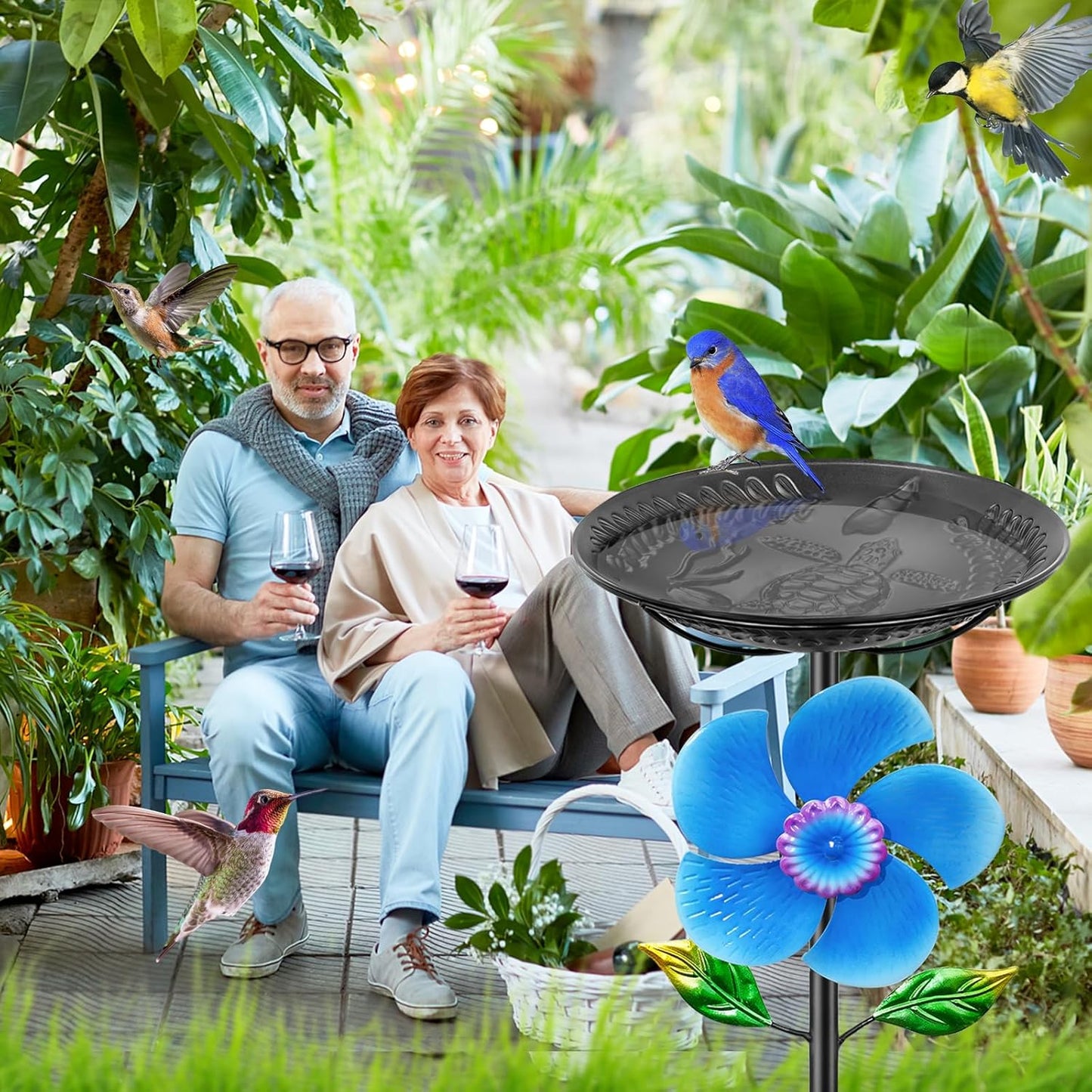 48.8“ Metal Bird Bath for Outside, Detachable Birdbath & Birdfeeder Feeder Bowl with Wind Spinner, Vintage Bird Baths for Outdoors Garden Yard Lawn Decor (Black+Windmill)