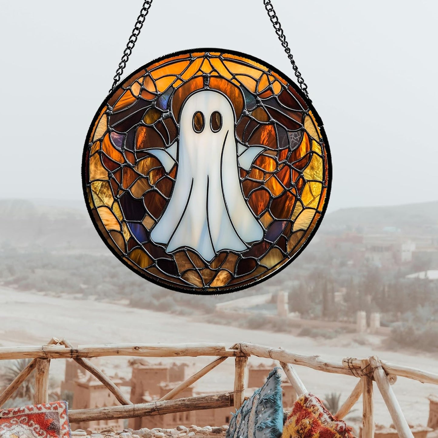 Stained Glass Window Hanging Halloween White Horror Ghost Large 11.8" - Suncatcher Door Garden Kitchen Sun Catcher Home Gothic Decor Birthday for Mom Men Woman Friend Grandma