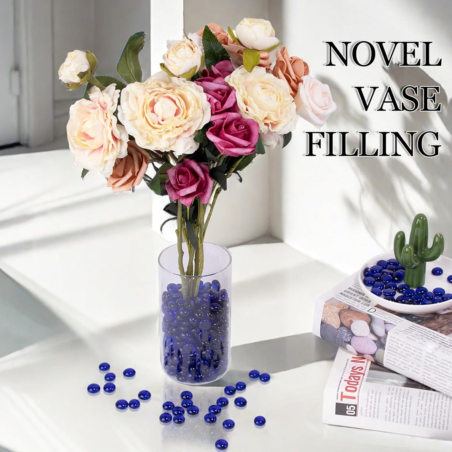 Meschett 50PCS Mini Glass Gems,Blue Mancala Stones Flat Bottom Marble Beads for Home Decorative Art Craft Vase Filler(0.5"~0.7")