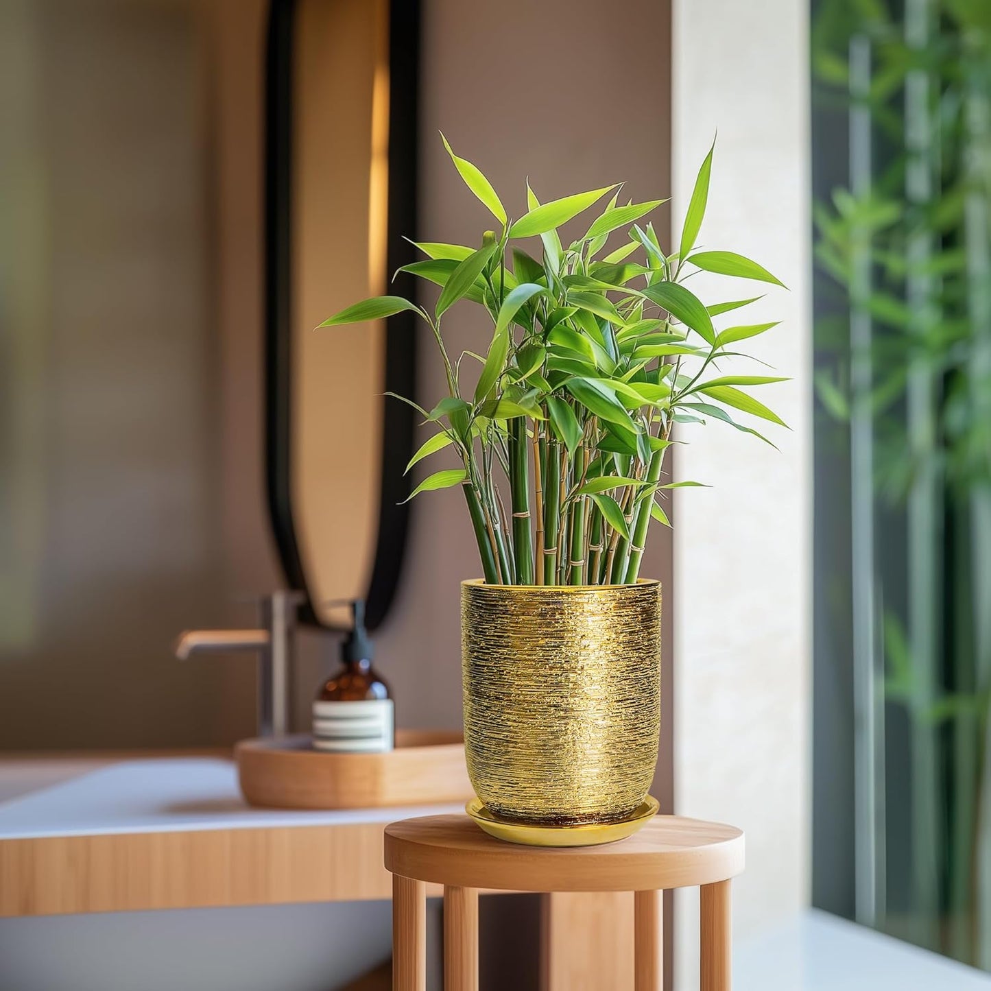 Indoor Plant Pot 8 Inch - Ceramic Planter for Indoor Outdoor Flowers, Round Modern Flower Pot with Drainage Hole and Saucer, Gifts for Plants Lovers, Garden Room Decor, Gold