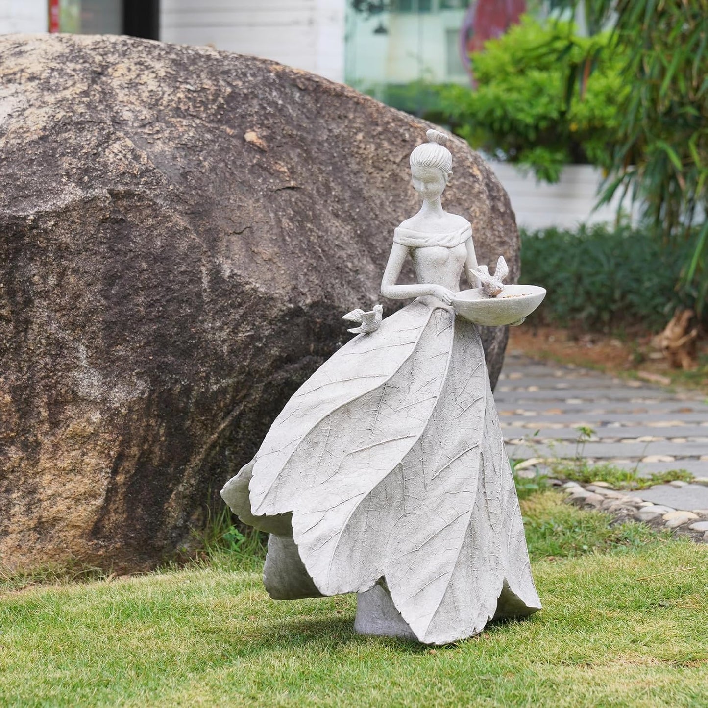 Fairy Garden Statue Bird Feeder - 23-inch Large Sculpture for Outdoors Statues Bird-Bath Yard Decorations Fairy Garden Statue Grey White DiliComing