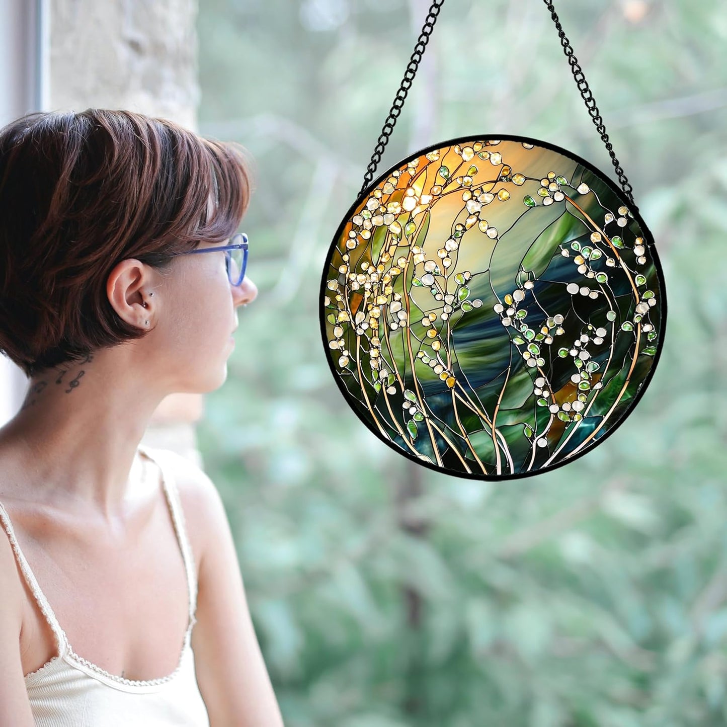 Stained Glass Suncatcher, Yellow Green Gradient Flower Sun Catcher Plants Stain Glass Window Hanging Decoration Mother's Day Birthday Gifts for Women Men Mom and Nana 15 in