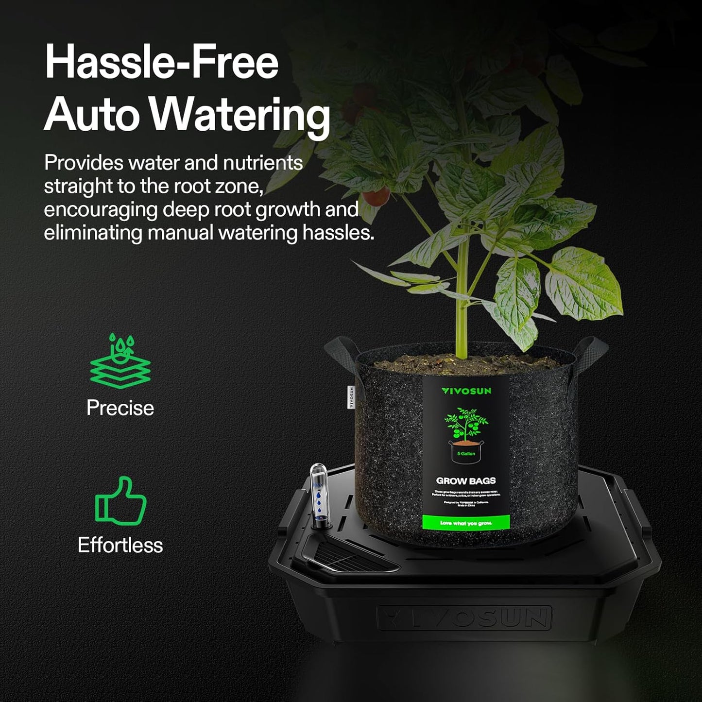 VIVOSUN 4-Pack FlexFeed Self-Watering Pots with Grow Bags, Auto Irrigation Fabric Pot Base with Water Meter & Maintenance Window, for Use Indoors/Outdoors in Grow Tents, Greenhouses, Gardens