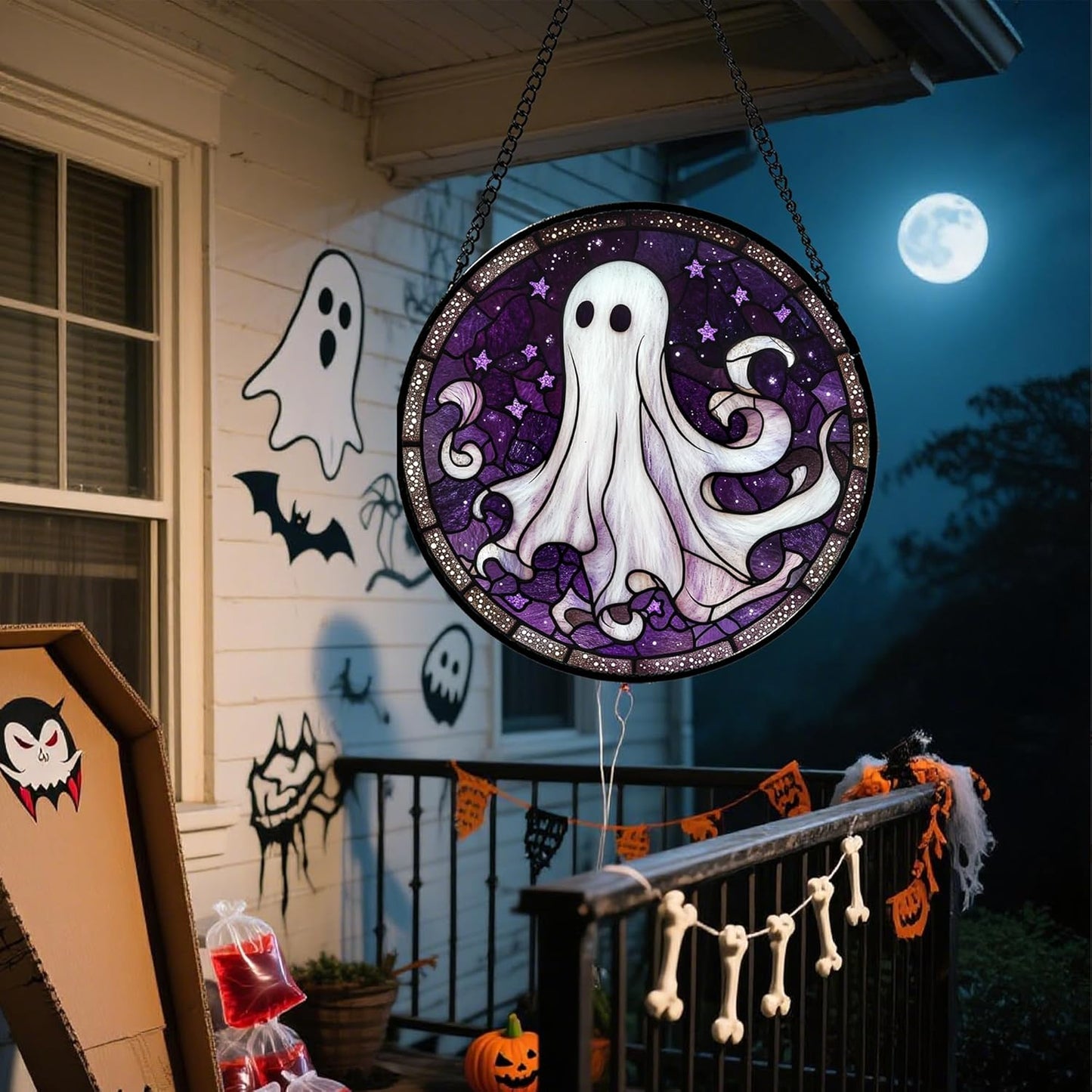 Stained Glass Window Hanging - Halloween Decorations White Ghost Purple Stars Suncatcher for Doors Garden Spooky Funny Sun Catchers Gothic Decor Horror Gifts for Women Men Friend 9.8 in