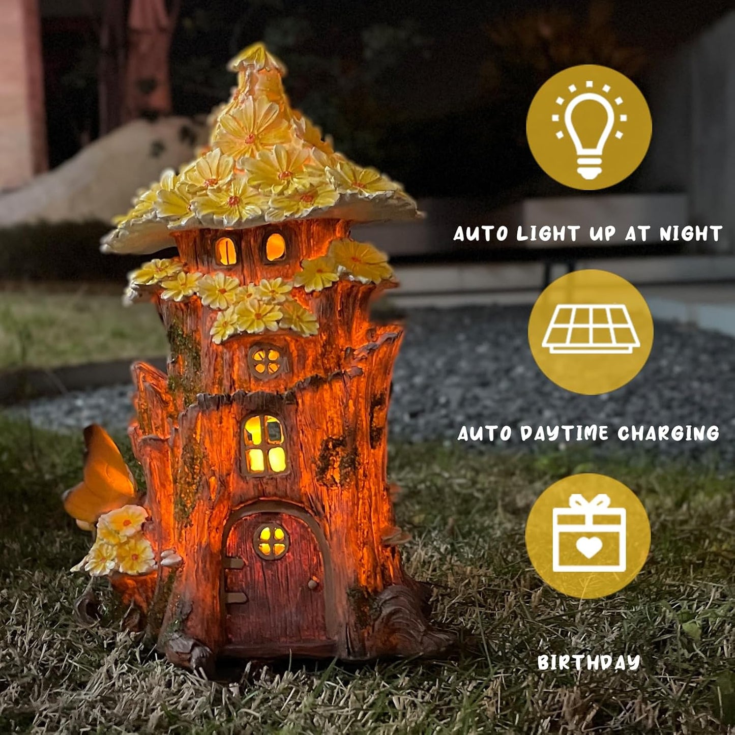 COWOS Solar Fairy House, Fairy Garden Decor House, Solar Powered Lights Garden Figurine for Outdoor Patio Lawn Yard Garden Decorations