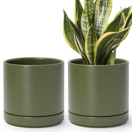 D'vine Dev Set of 2 Plants Pots, 6.5 Inch Ceramic Planter Pot for Plants with Drainage Hole and Saucer, Olive, 94-V-C-J