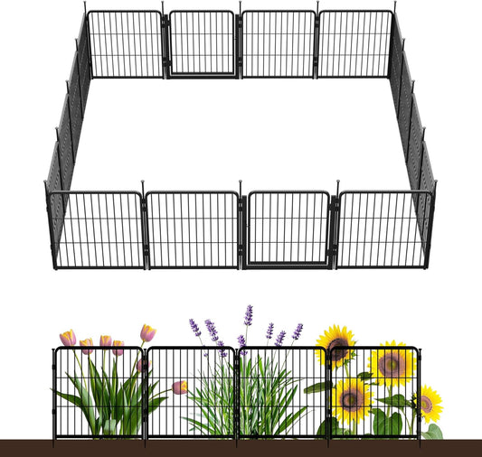 Decorative Garden Fence with Gate 24 in(H) x 29.7 ft(L) 16 Panels, Heavy Duty Metal Animal Barrier Fence for Yard, Flower Bed Fencing, Garden Border Fence, Easy Set Up, Black