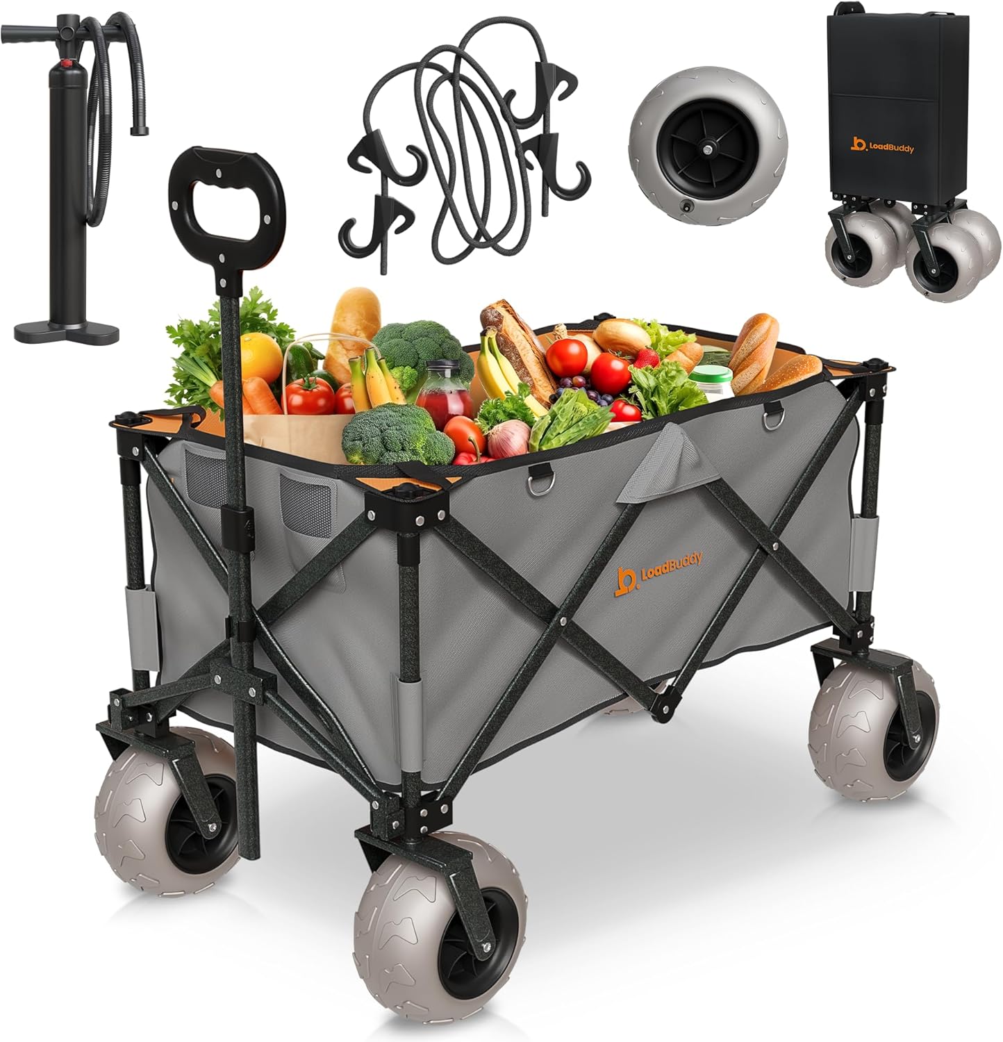 Foldable Beach Wagon – Gray Orange – Collapsible Utility Cart with Inflatable Wheels, Pump, Storage & Rope – Heavy Duty Garden, Grocery & Camping Trolley