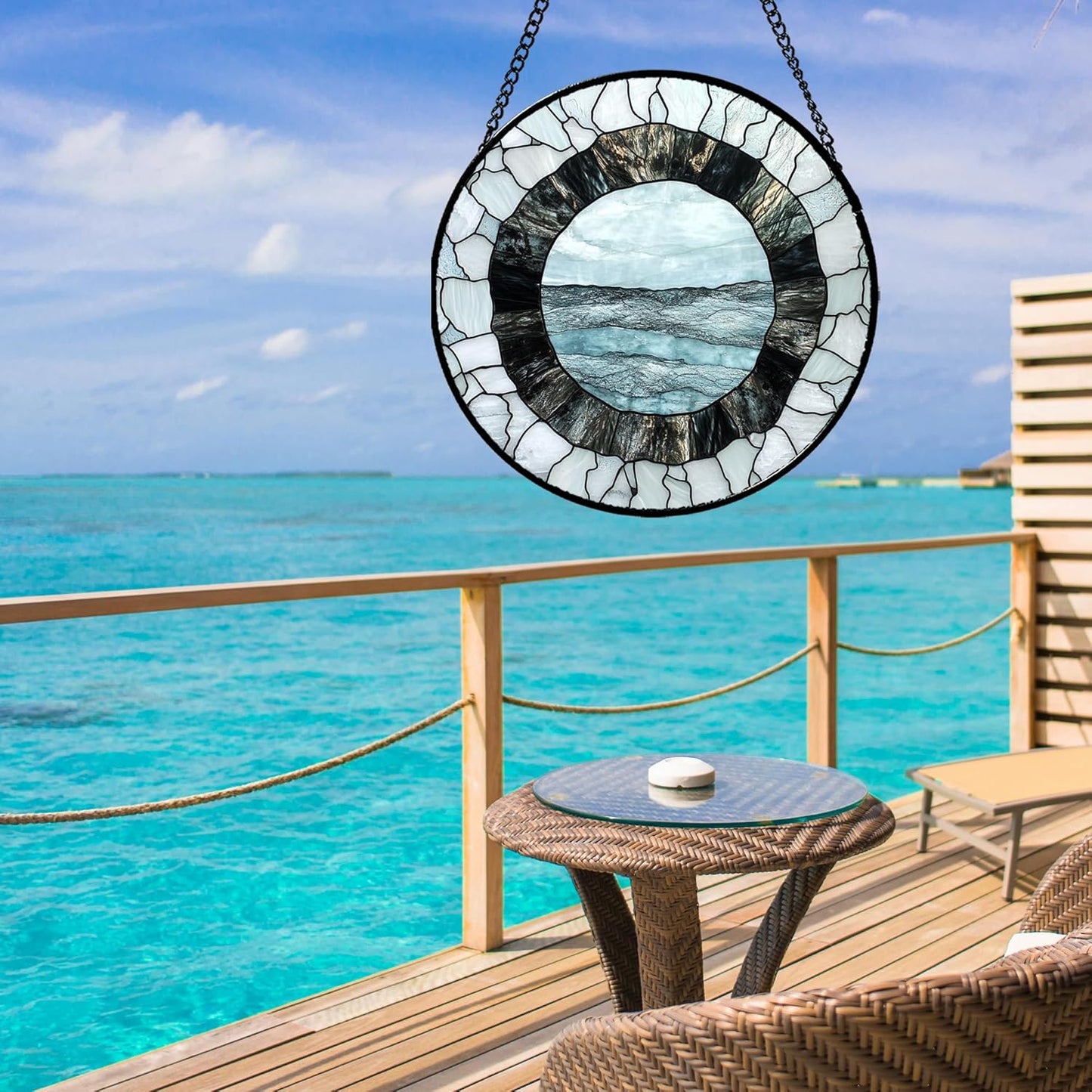 Stained Glass Window Hanging - Abstract Sea Surface Suncatcher for Doors Garden Patio Round Sun Catchers Decor Christmas Mother's Day Birthday Gifts for Women Men Mom Nana Friend 11.8 in