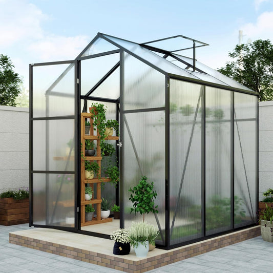 7.2FT High 6*6.2FT Greenhouse for Outdoors,Polycarbonate Greenhouse with Stronger Wind Protection and Roof Vent,Walk-in Large Aluminum Sunroom Winter Proof,Black