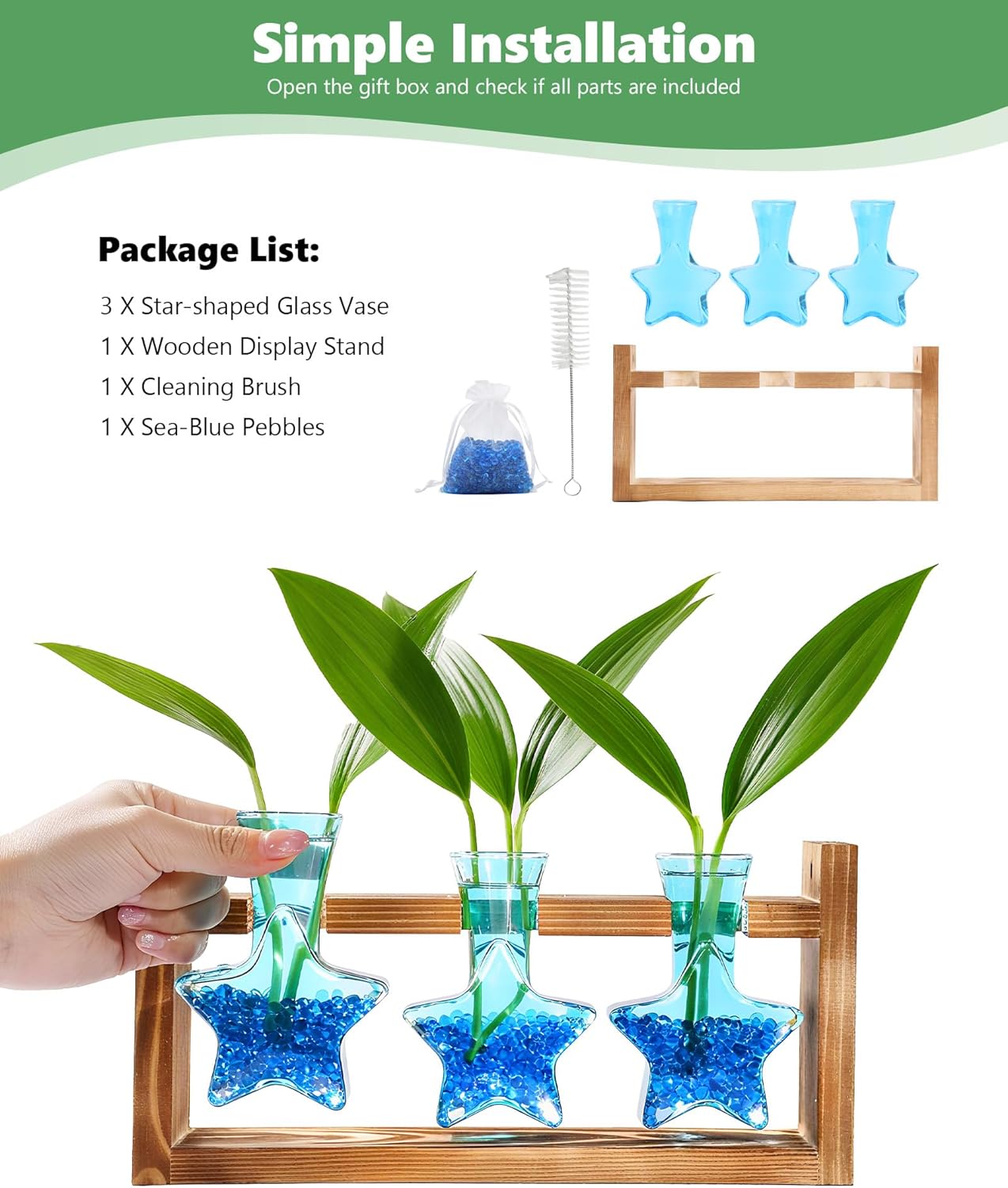 Nacome Plant Terrarium with Wooden Stand,Star-Shaped Planter Propagation Station Glass Vase for Home Office Decor- Unique Gifts for Plant Lovers Women Mom(Blue)