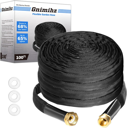 Garden Hose 100ft, Made of TPE(Not PVC), Ultra-Light & Flexible Water Hose with Solid Brass Fittings, Non-Shrinking, Easy to Storage, Drinking Water Safe Material, All-weather, Black, Newbox